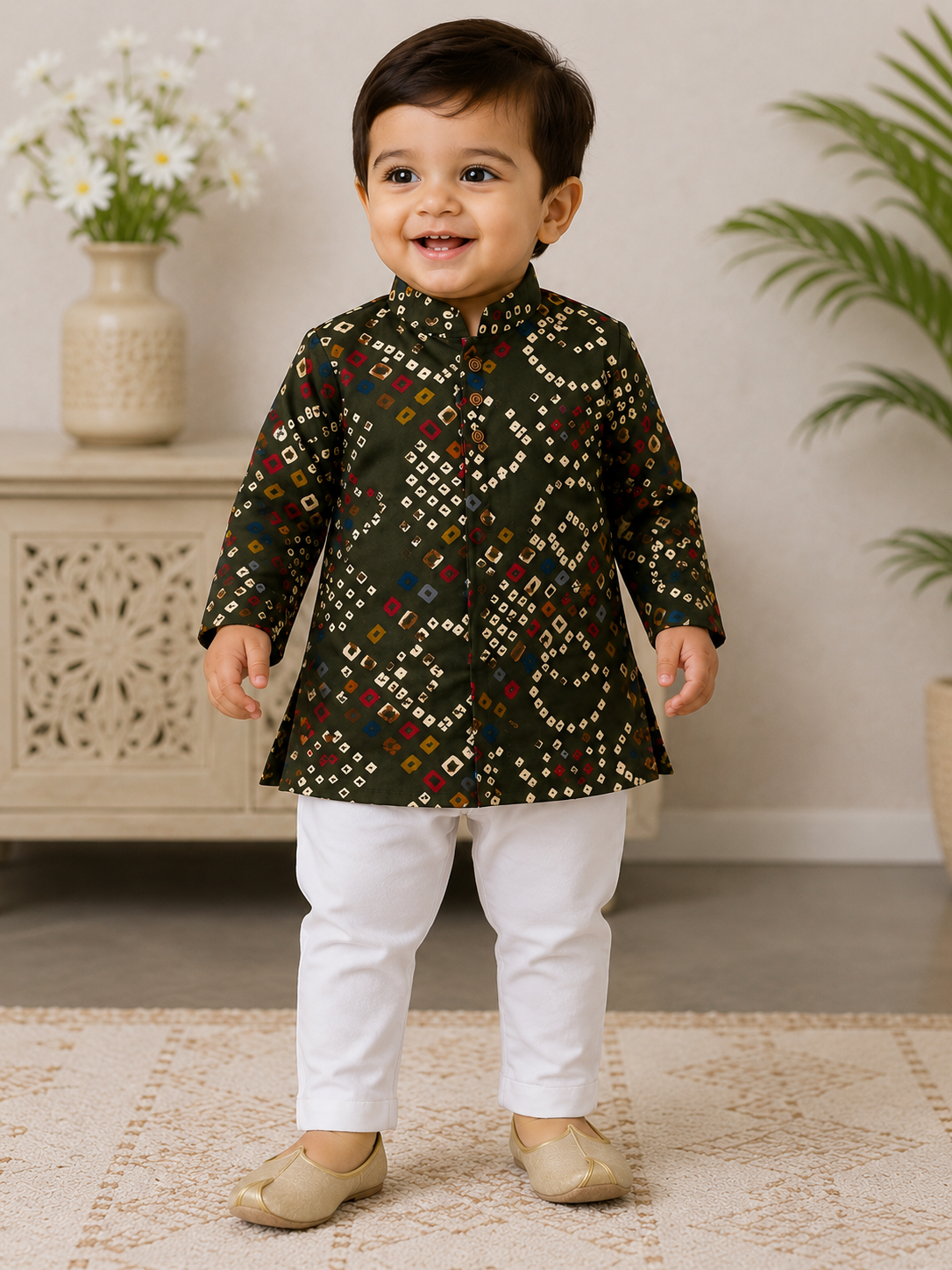 Boys Olive Green Printed Kurta Pajama Set | Traditional Ethnic Festive Wear | 9-12 Months