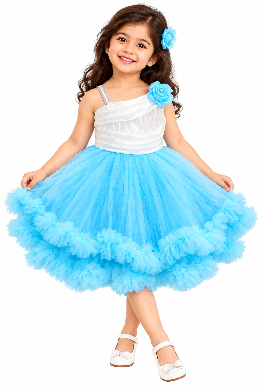 Sky Blue & White Princess Party Dress for Girls