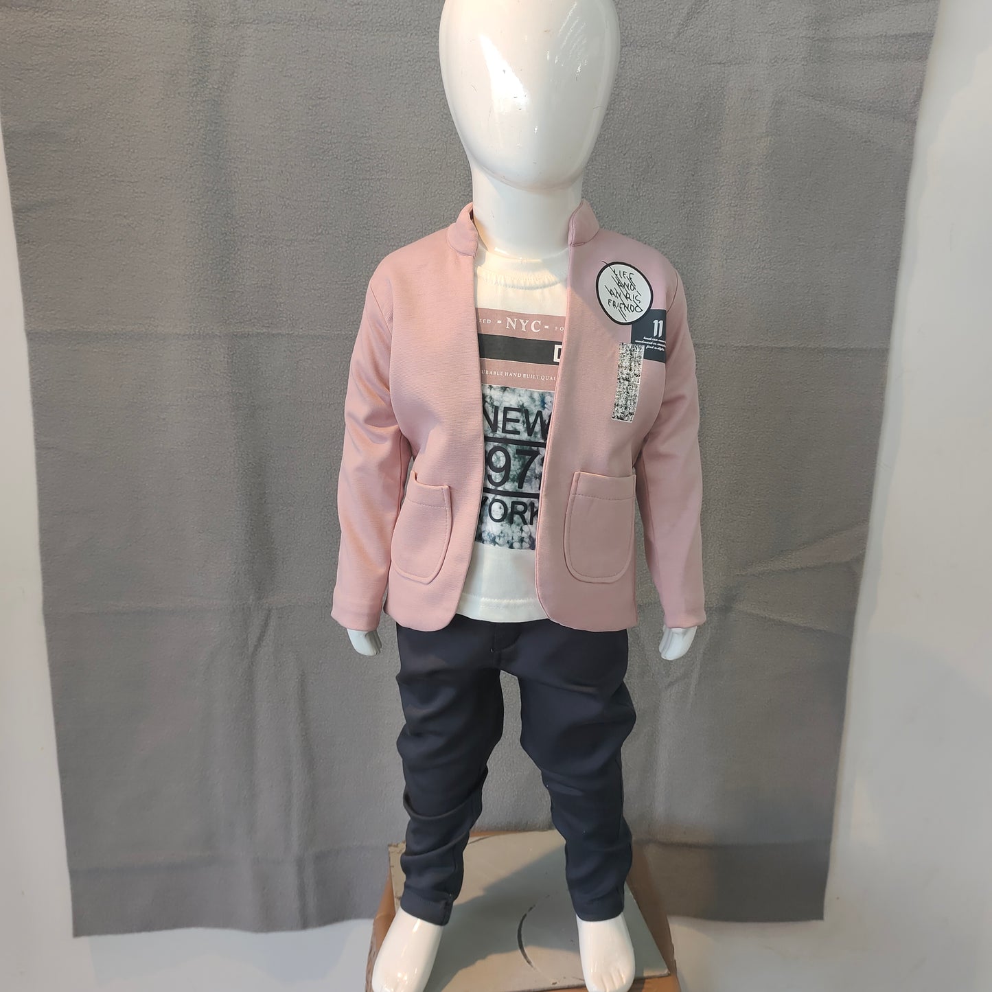 Stylish Boys Blazer Set – Pink Jacket with Printed Tee & Navy Pants | Party Wear Outfit | 6 M - 1 Yr - 2 Yr