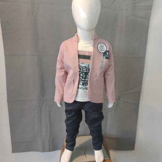 Stylish Boys Blazer Set – Pink Jacket with Printed Tee & Navy Pants | Party Wear Outfit | 6 M - 1 Yr - 2 Yr