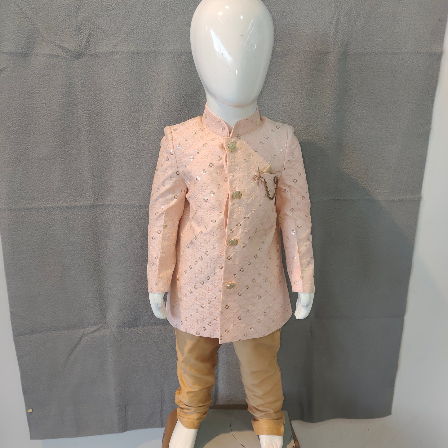 Elegant Peach Boys Sherwani Set with Golden Detailing
