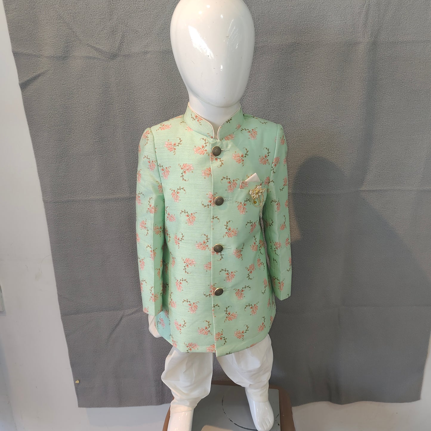 Mint Green Floral Boys Sherwani Set