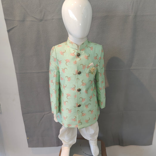 Mint Green Floral Boys Sherwani Set