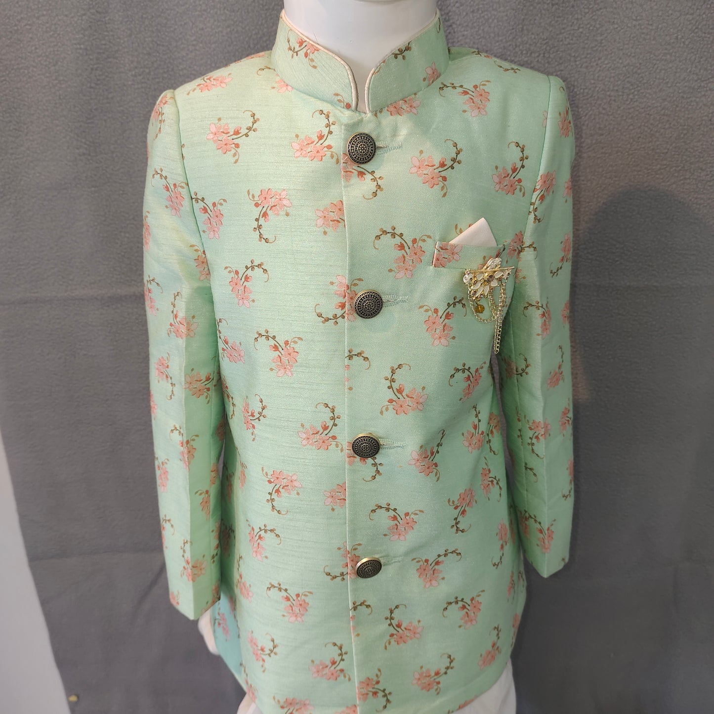Mint Green Floral Boys Sherwani Set
