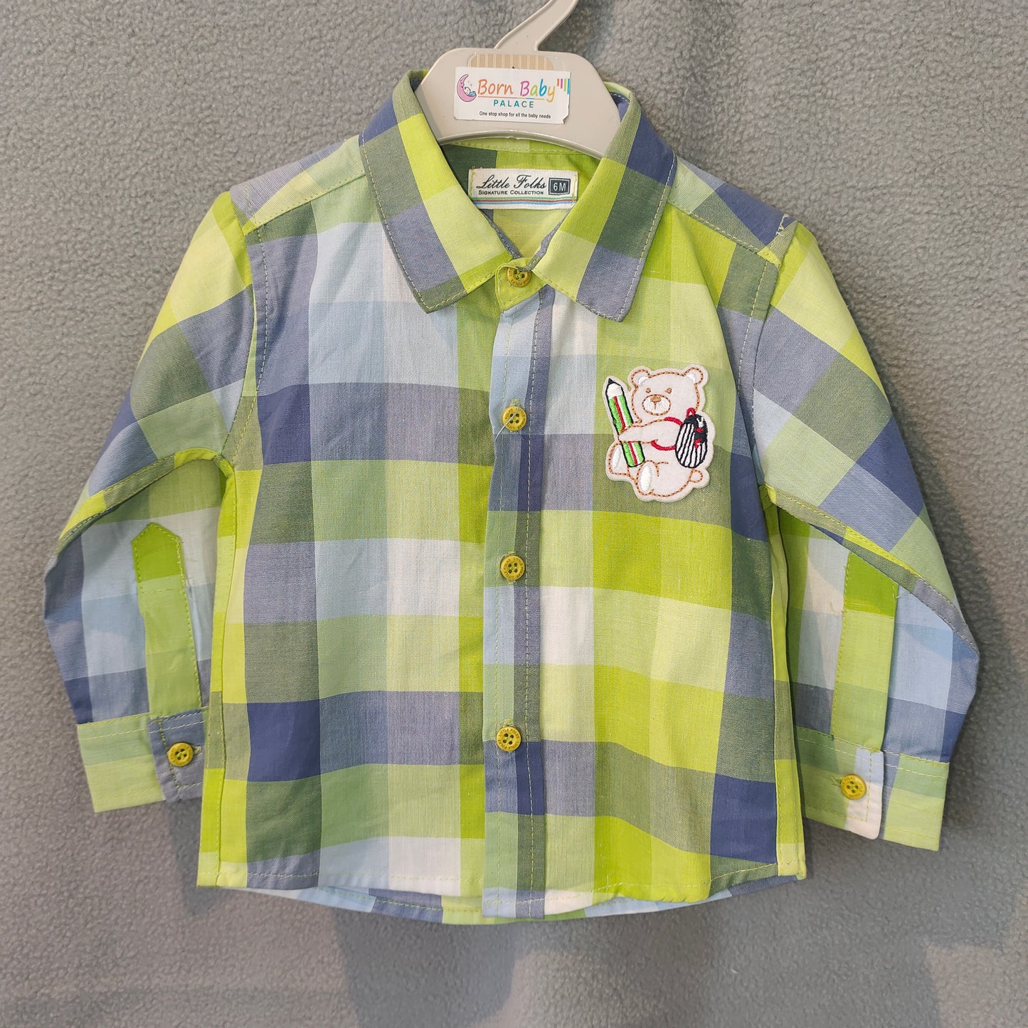 Cute Green & Blue Checked Shirt with Teddy Patch – Boys Casual Set