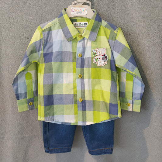 Cute Green & Blue Checked Shirt with Teddy Patch – Boys Casual Set