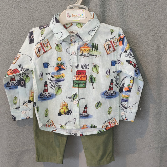 Adventure Travel Print Shirt & Olive Pant Set for Boys – Cute Casual Wear