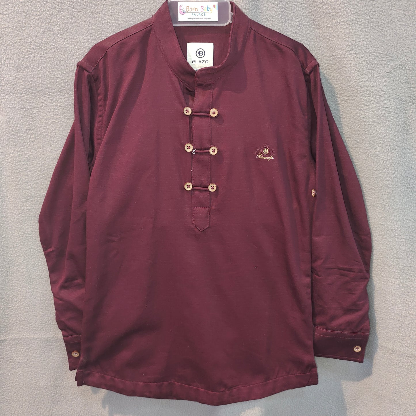 Maroon Mandarin Collar Boys’ Kurta with Wooden Button Detailing | 1 - 2 Yr