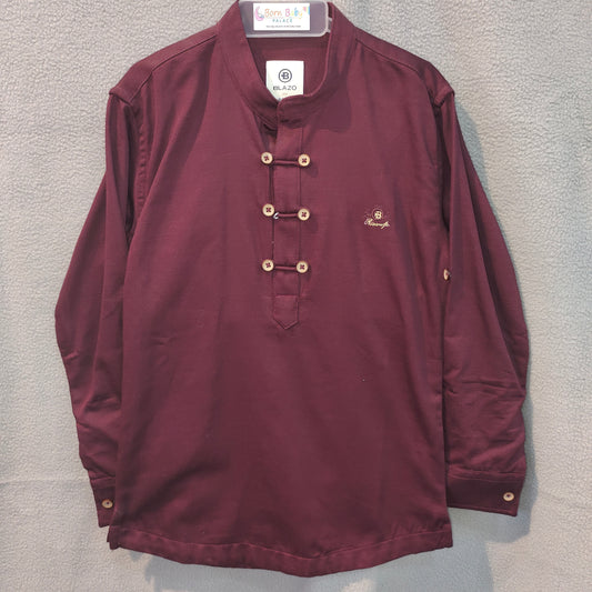 Maroon Mandarin Collar Boys’ Kurta with Wooden Button Detailing | 1 - 2 Yr