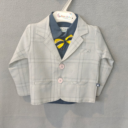 Smart Grey Checkered 3-Piece Suit Set for Boys – Premium Party Wear