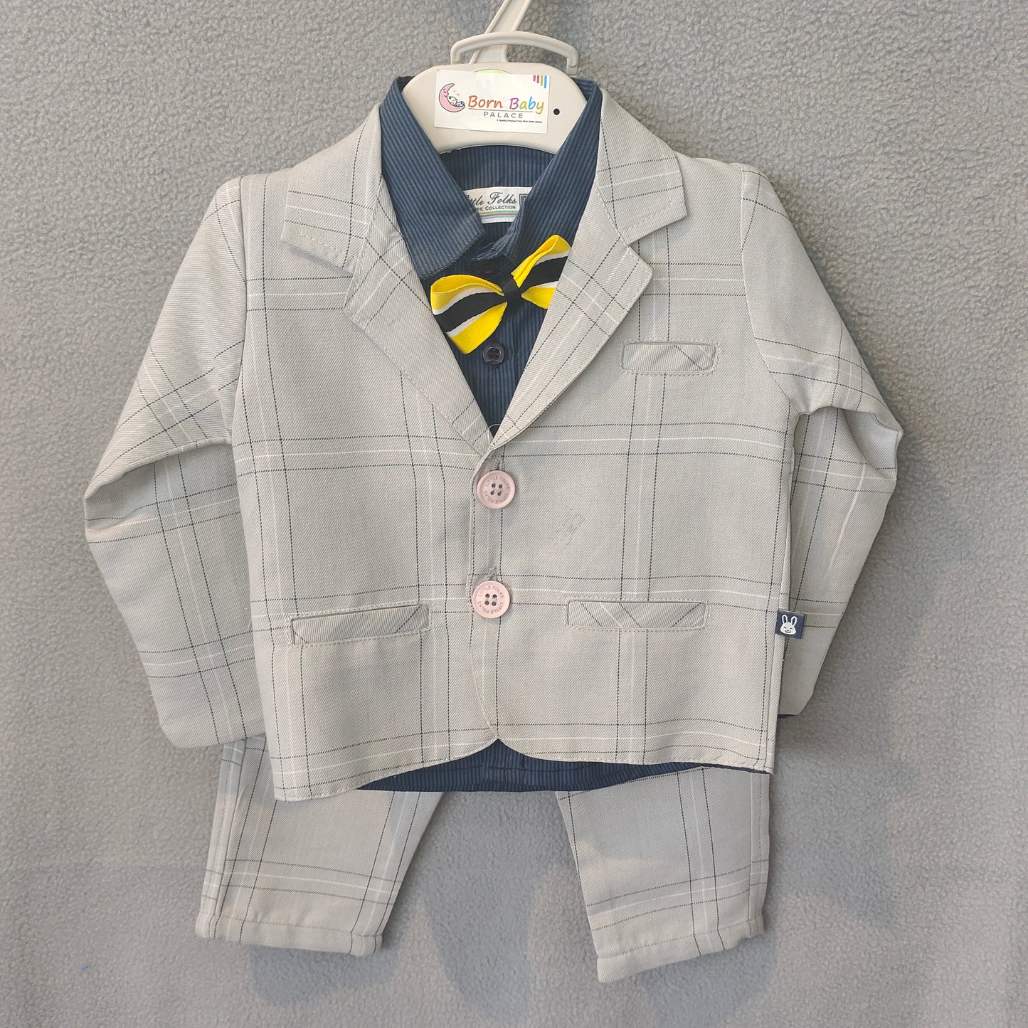 Smart Grey Checkered 3-Piece Suit Set for Boys – Premium Party Wear