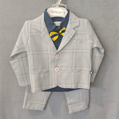 Smart Grey Checkered 3-Piece Suit Set for Boys – Premium Party Wear