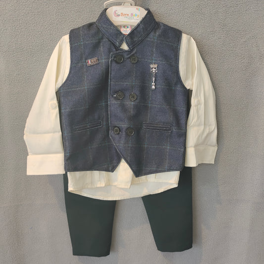 Elegant Navy Checkered Waistcoat Set for Boys – Premium Festive & Party Wear