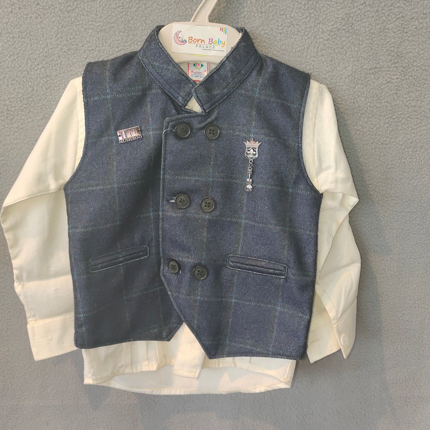 Elegant Navy Checkered Waistcoat Set for Boys – Premium Festive & Party Wear