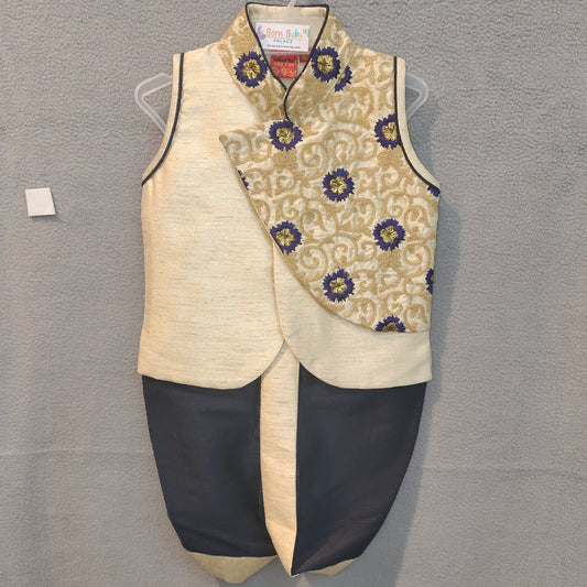 Cream & Navy Brocade Asymmetric Ethnic Dhoti Set for Boys
