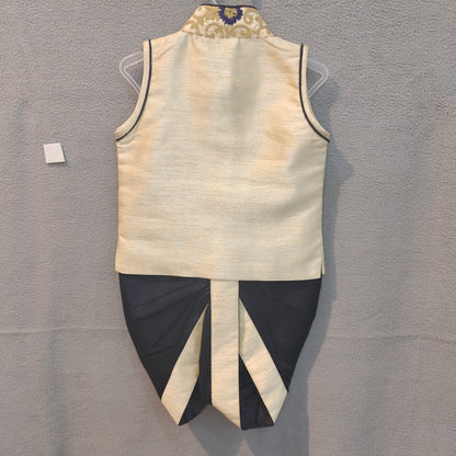 Cream & Navy Brocade Asymmetric Ethnic Dhoti Set for Boys