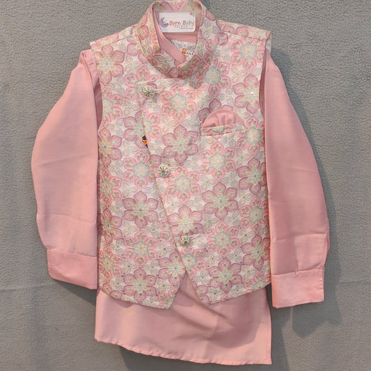 Elegant Pink Floral Embroidered Ethnic Kurta & Jacket Set for Boys