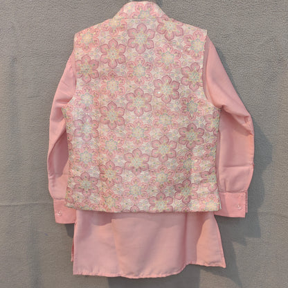 Elegant Pink Floral Embroidered Ethnic Kurta & Jacket Set for Boys