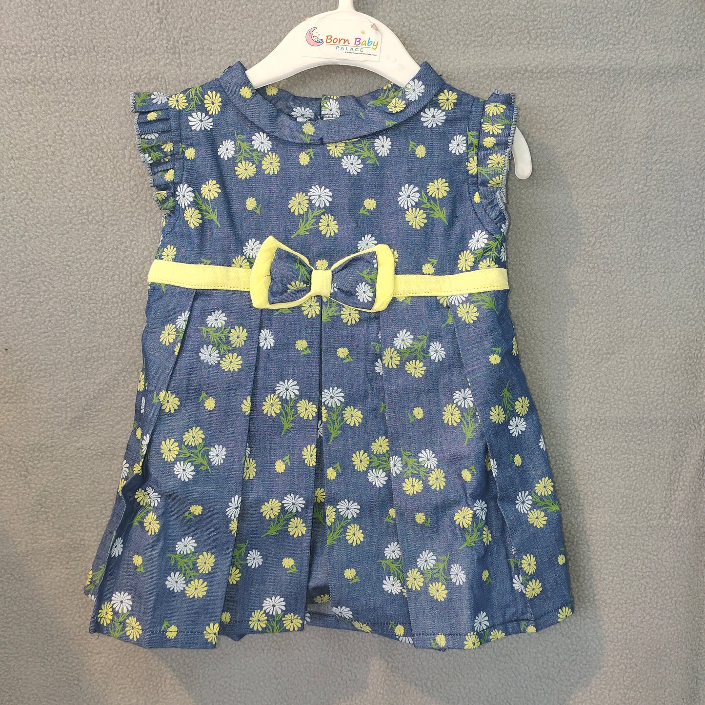 Girls Blue Floral Dress with Yellow Bow