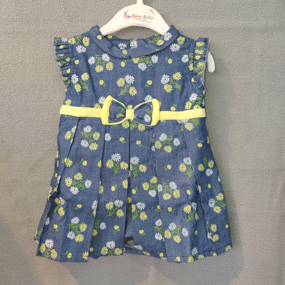 Girls Blue Floral Dress with Yellow Bow