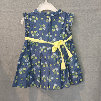 Girls Blue Floral Dress with Yellow Bow