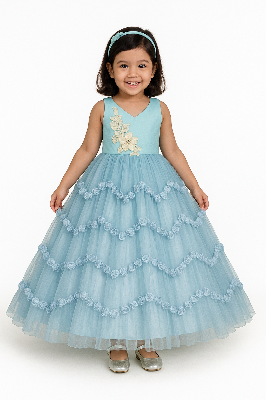 Sky Blue Floral print Long Frock