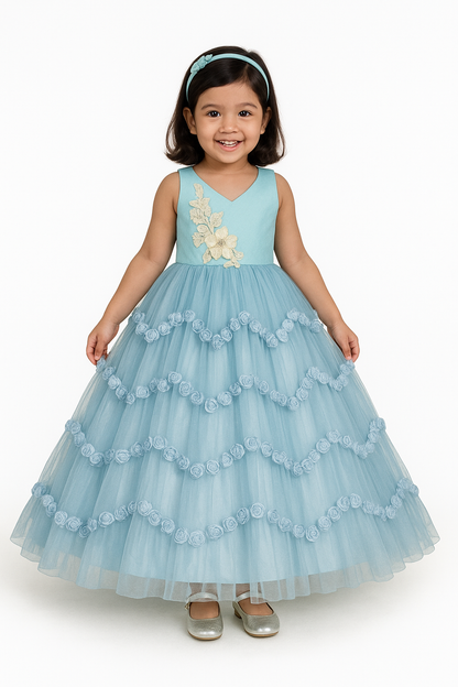 Sky Blue Floral print Long Frock