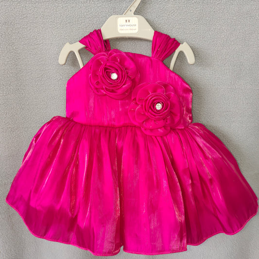 Bright fuchsia pink sleeveless baby frock | New Born Party wear frock