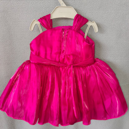 Bright fuchsia pink sleeveless baby frock | New Born Party wear frock