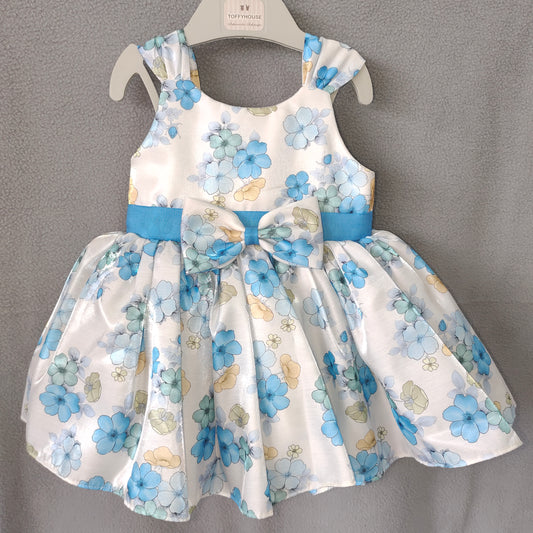 Blue Floral Party Dress – Elegant White Satin Frock with Bow Belt | NewBorn to 3Months