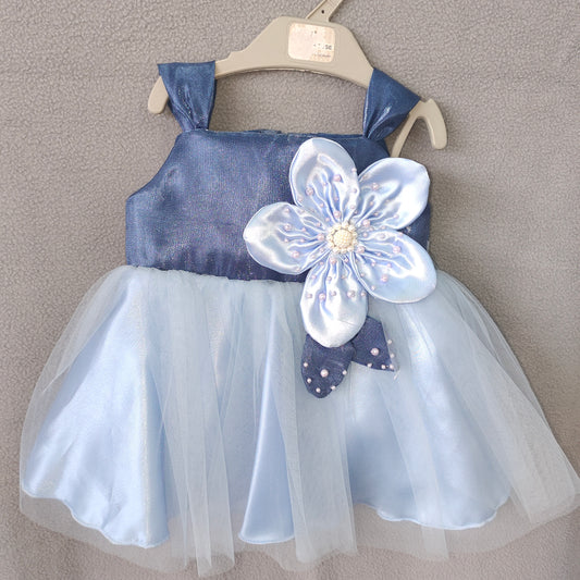 Blue Blossom Party Dress – Navy & Sky Blue Frock with Satin Flower Design | NewBorn