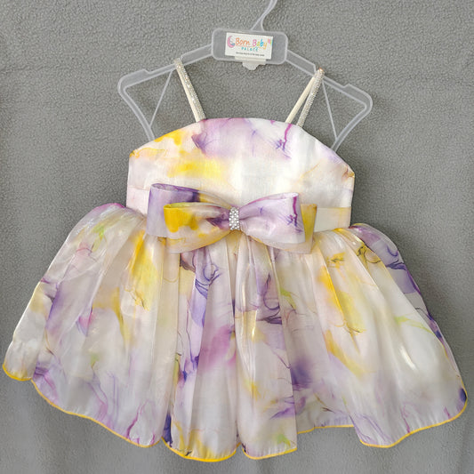 Pastel Yellow & Lavender Party Dress – Watercolor Satin Frock with Bow | NewBorn