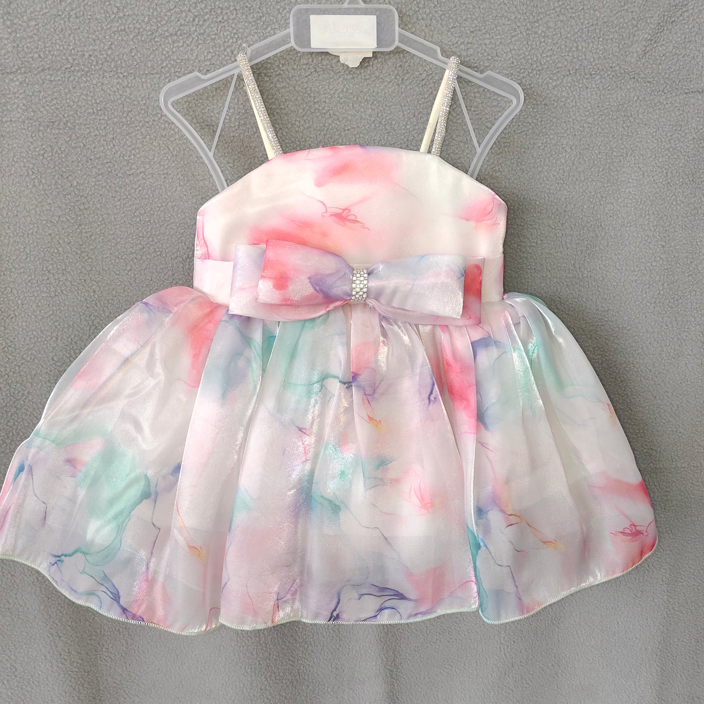 Pastel Rainbow Party Dress – Multicolor Satin Frock with Bow & Sparkle Straps | NewBorn