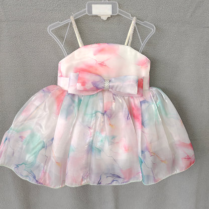 Pastel Rainbow Party Dress – Multicolor Satin Frock with Bow & Sparkle Straps | NewBorn