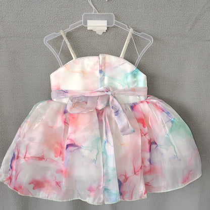 Pastel Rainbow Party Dress – Multicolor Satin Frock with Bow & Sparkle Straps | NewBorn