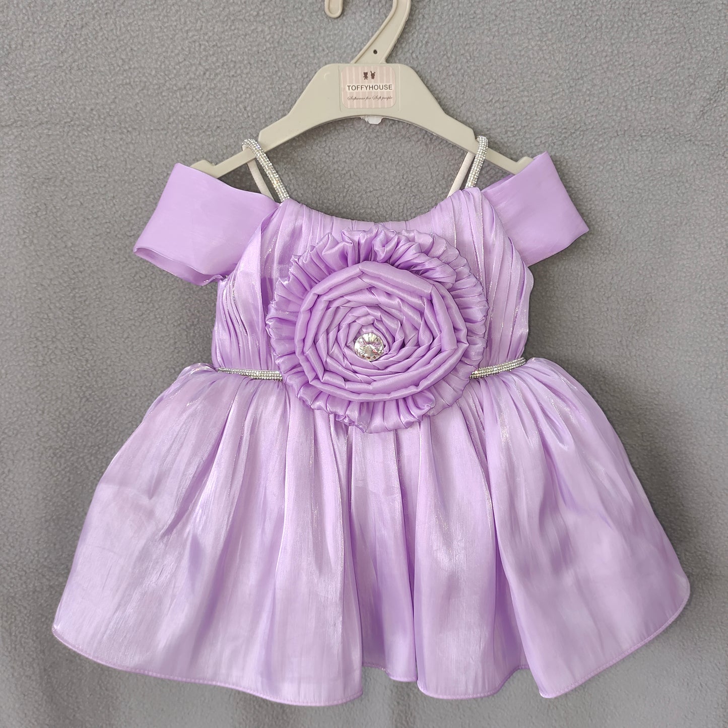 Sparkle Lavender Princess Dress – Shiny Satin Frock with Floral Center & Shoulder Straps | NewBorn to 6 Months