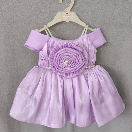 Sparkle Lavender Princess Dress – Shiny Satin Frock with Floral Center & Shoulder Straps | NewBorn to 6 Months