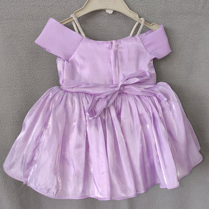 Sparkle Lavender Princess Dress – Shiny Satin Frock with Floral Center & Shoulder Straps | NewBorn to 6 Months