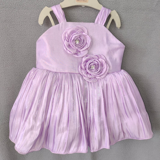 Lavender Blossom Party Dress – Shiny Satin Frock with Dual Floral Accents | NewBorn to 3 Months