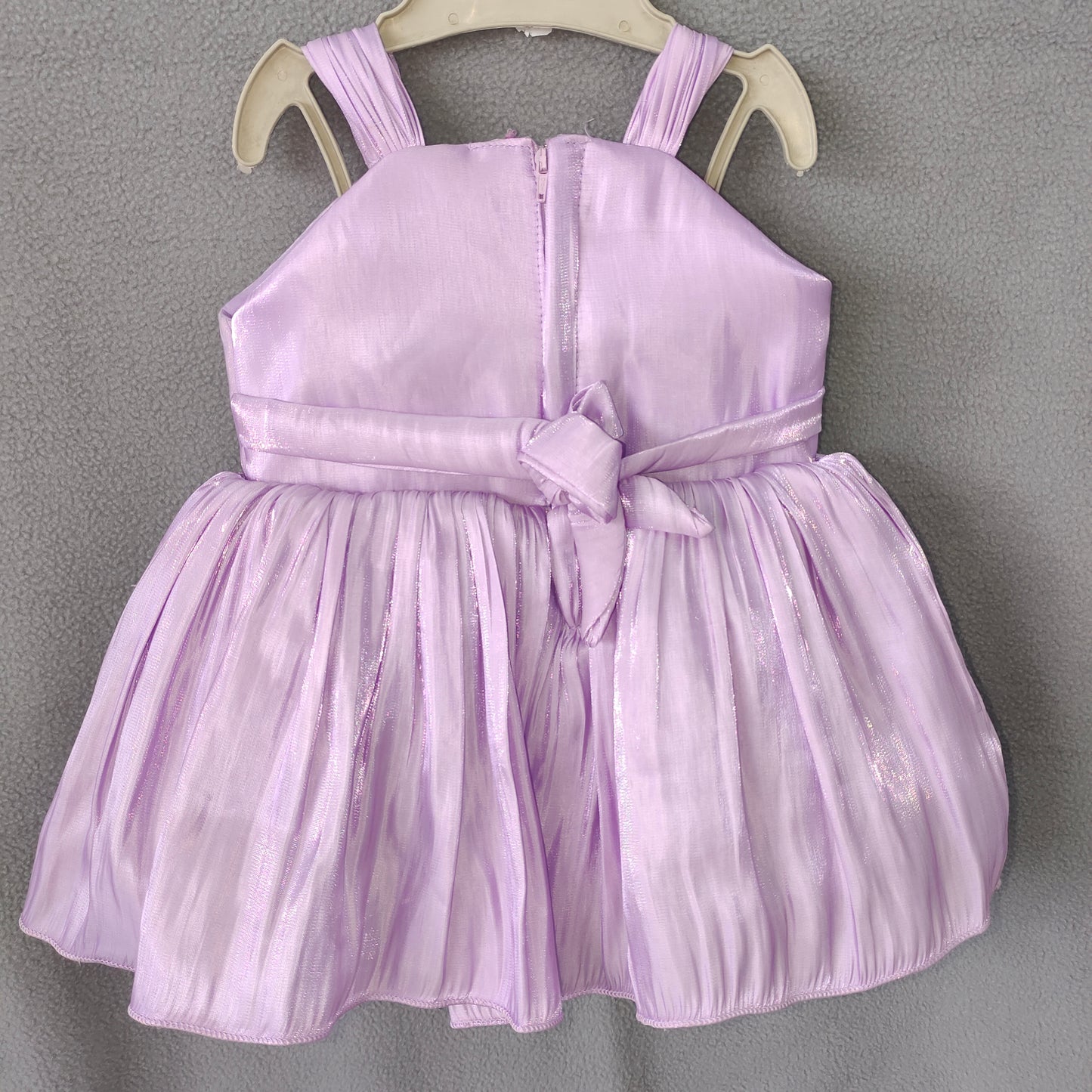 Lavender Blossom Party Dress – Shiny Satin Frock with Dual Floral Accents | NewBorn to 3 Months