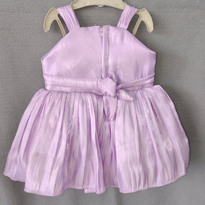 Lavender Blossom Party Dress – Shiny Satin Frock with Dual Floral Accents | NewBorn to 3 Months