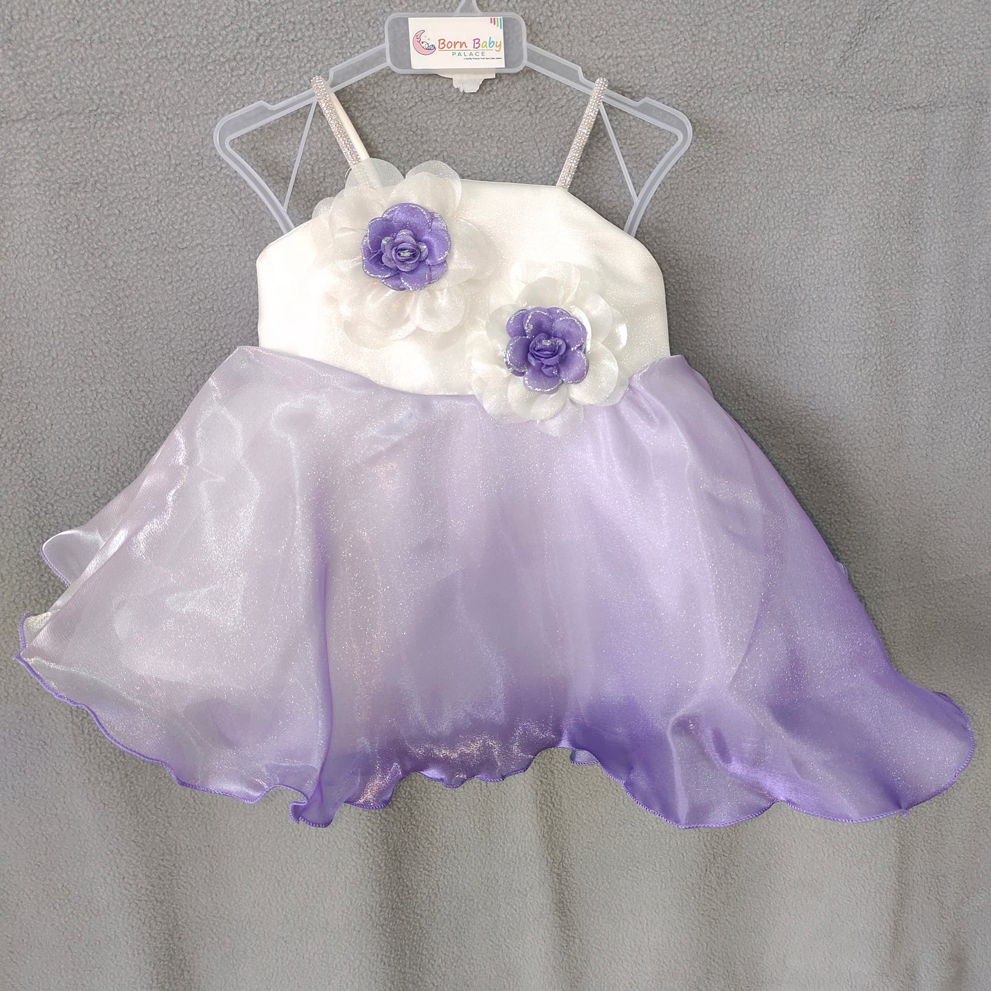 Lavender Dream Party Dress – White & Purple Shimmer Gown with Floral Embellishments | 3Months