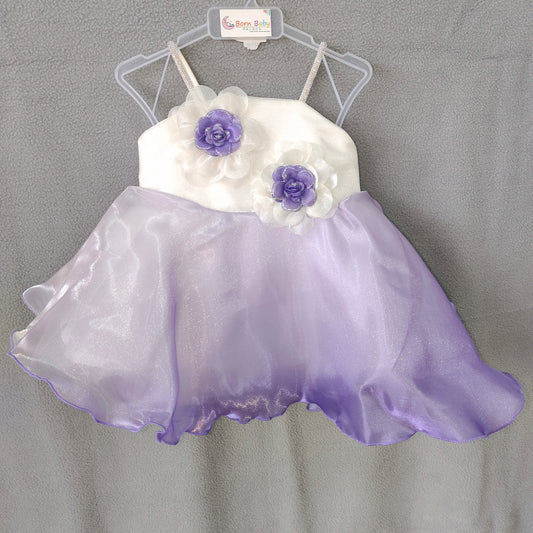 Lavender Dream Party Dress – White & Purple Shimmer Gown with Floral Embellishments | 3Months