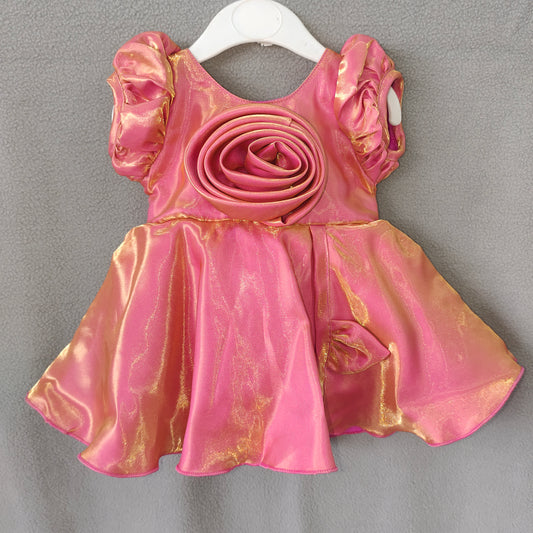 Shimmer Pink Rose Party Dress – Golden Shine Baby Girl Frock with Puff Sleeves | New Born