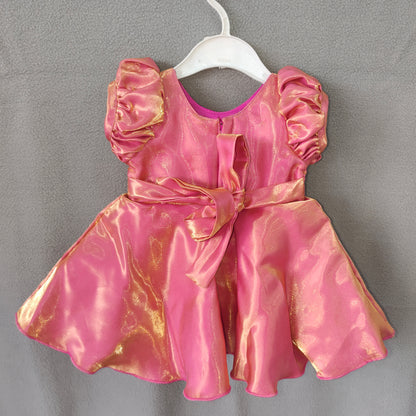 Shimmer Pink Rose Party Dress – Golden Shine Baby Girl Frock with Puff Sleeves | New Born
