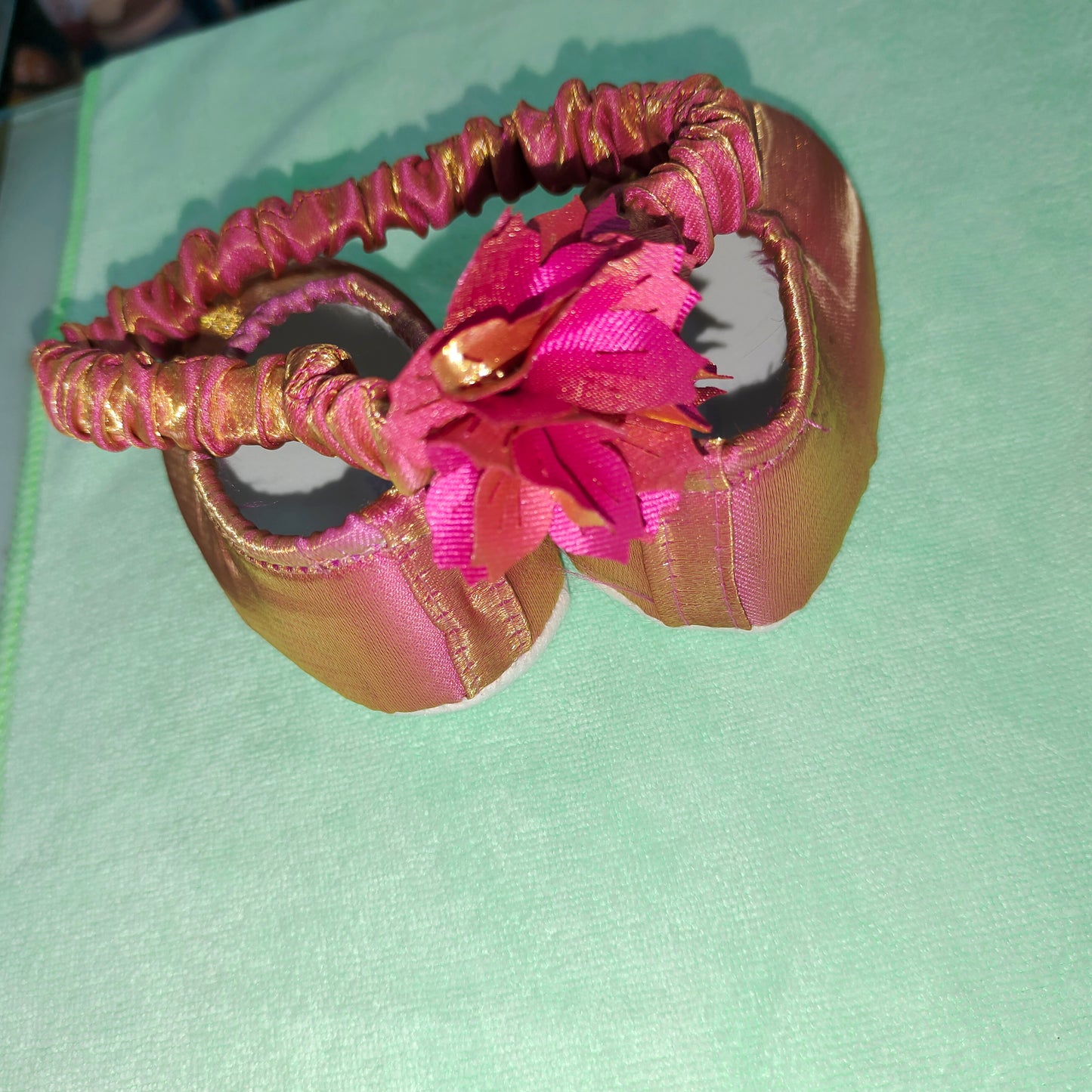 Shimmer Pink Rose Party Dress – Golden Shine Baby Girl Frock with Puff Sleeves | New Born