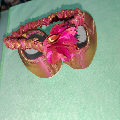 Shimmer Pink Rose Party Dress – Golden Shine Baby Girl Frock with Puff Sleeves | New Born