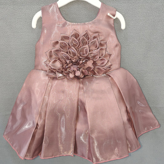 Elegant Baby Girl Party Dress – Shimmer Rose Pink Gown with 3D Floral Design | New Born to 3 Months