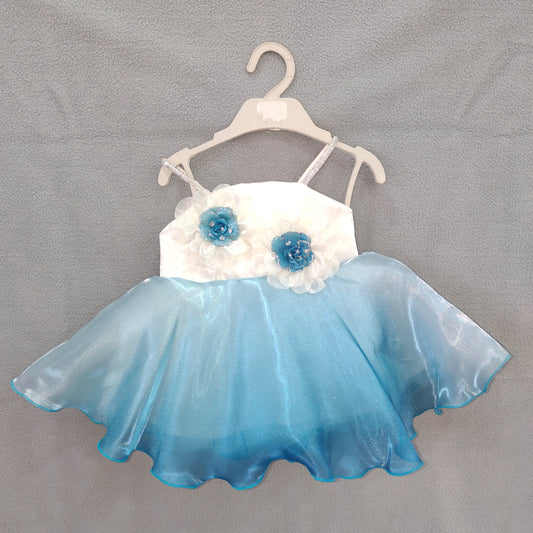 Ice Blue Princess Party Dress – Shimmer White & Blue Gown with Floral Embellishments | NewBorn to 6 Months