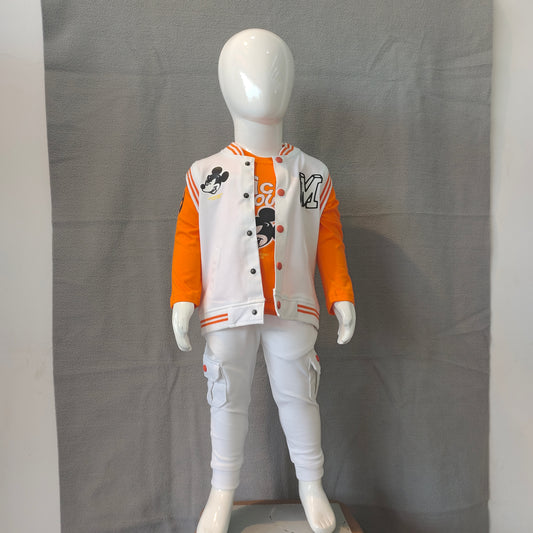 Cool Boys Mickey Themed Tracksuit – Orange & White Jacket Set with Joggers | Trendy Casual Wear | 1Yr - 2Yr